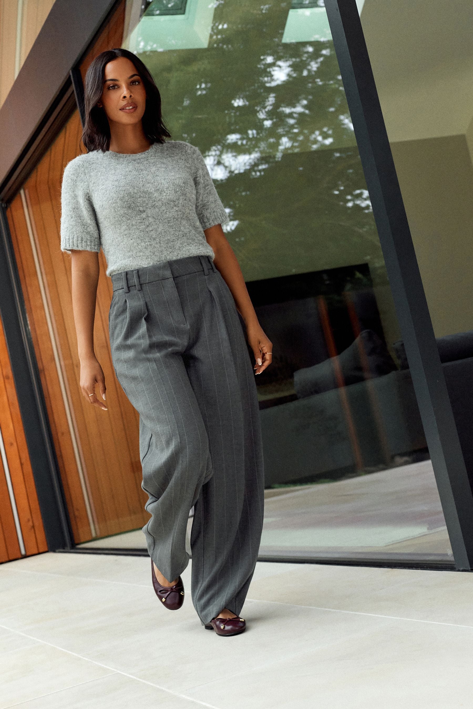 Pinstripe grey trousers shop