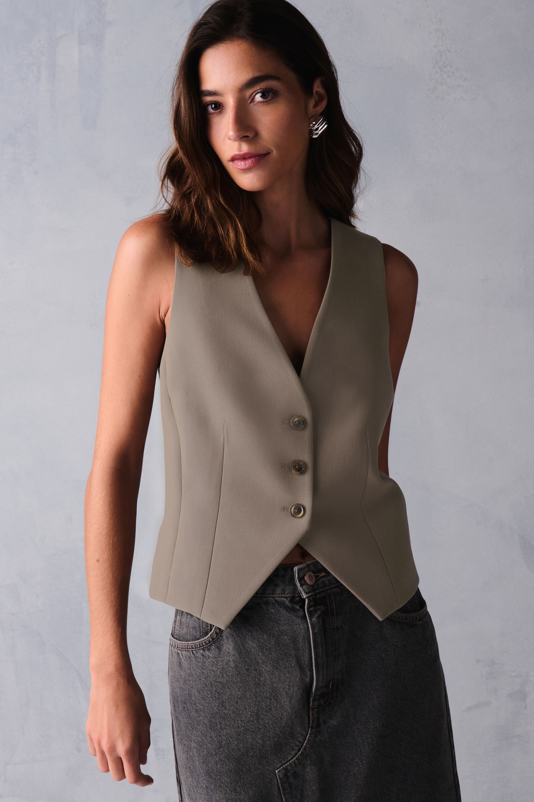 Brown Khaki Tailored Button Through Waistcoat