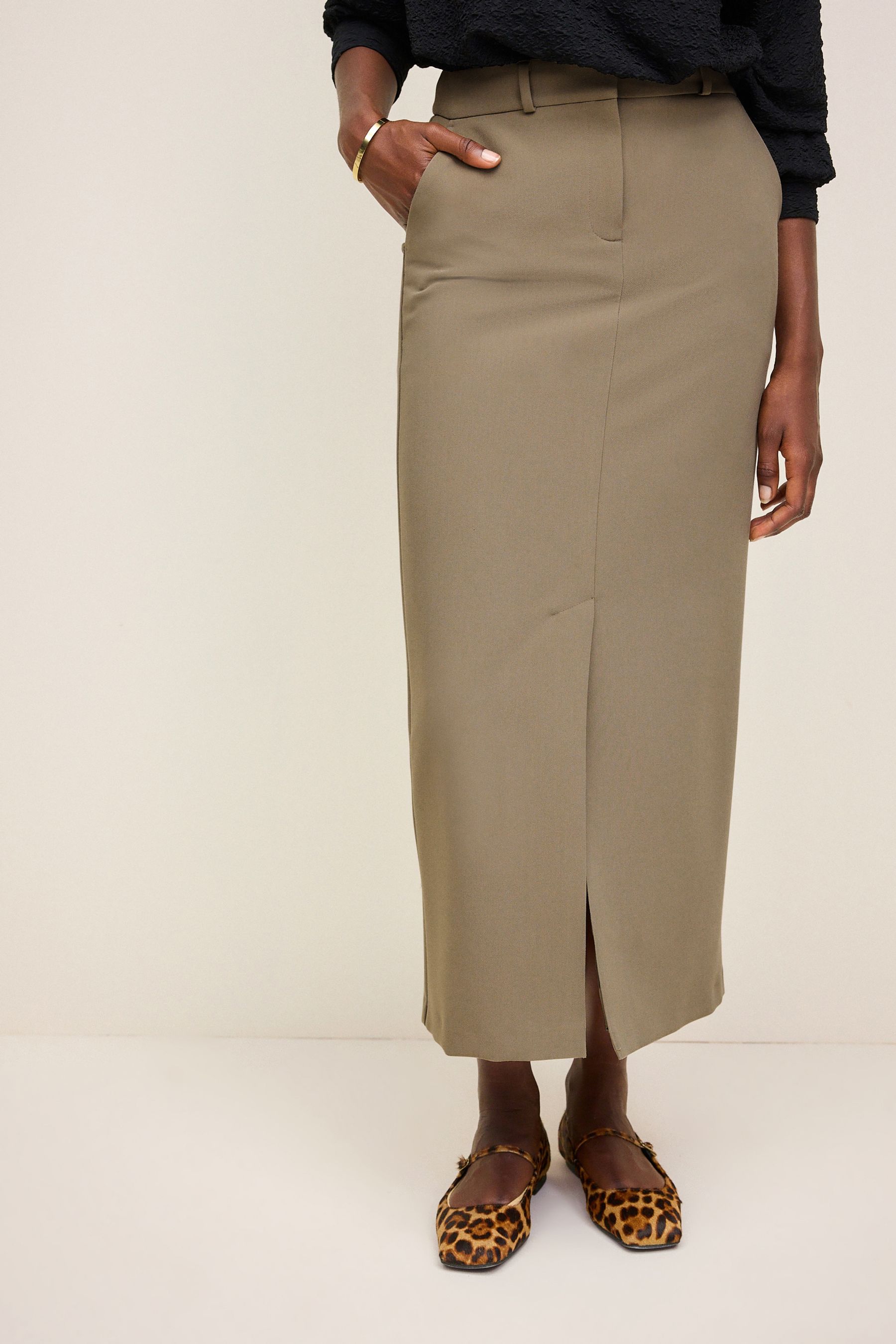 Khaki pencil skirt with belt loops clearance