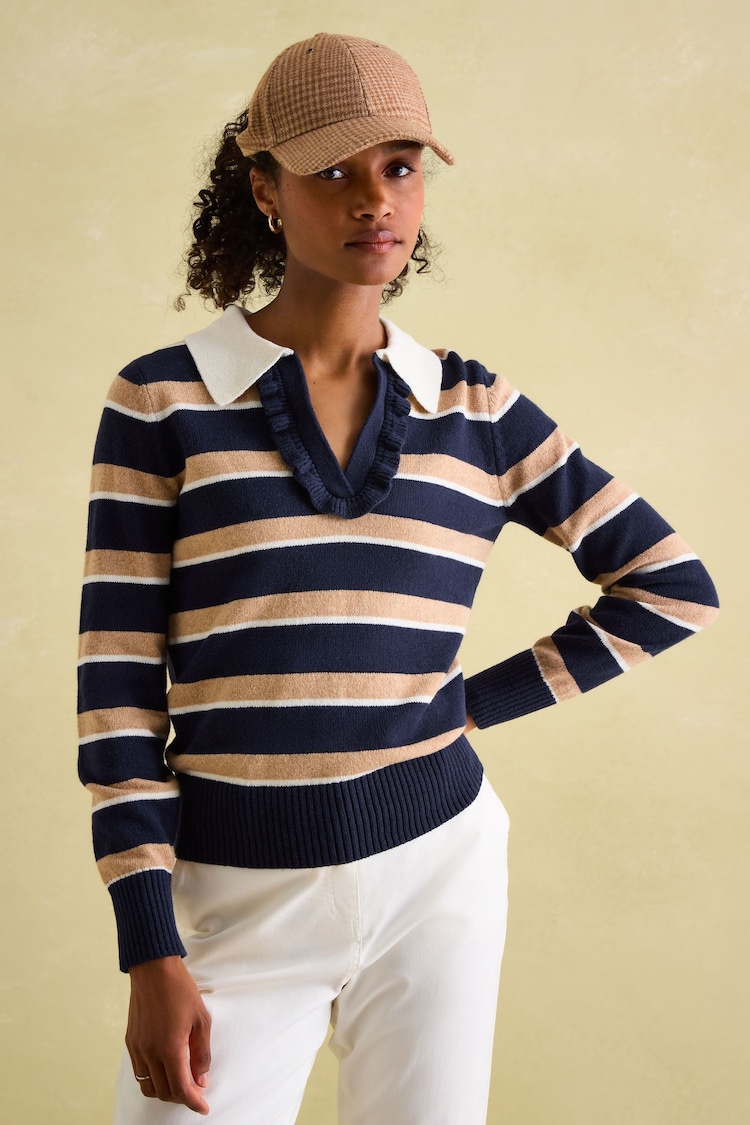 Joules Maddie Navy/Oatmeal V Neck Stripe Jumper with Collar - Image 1 of 6