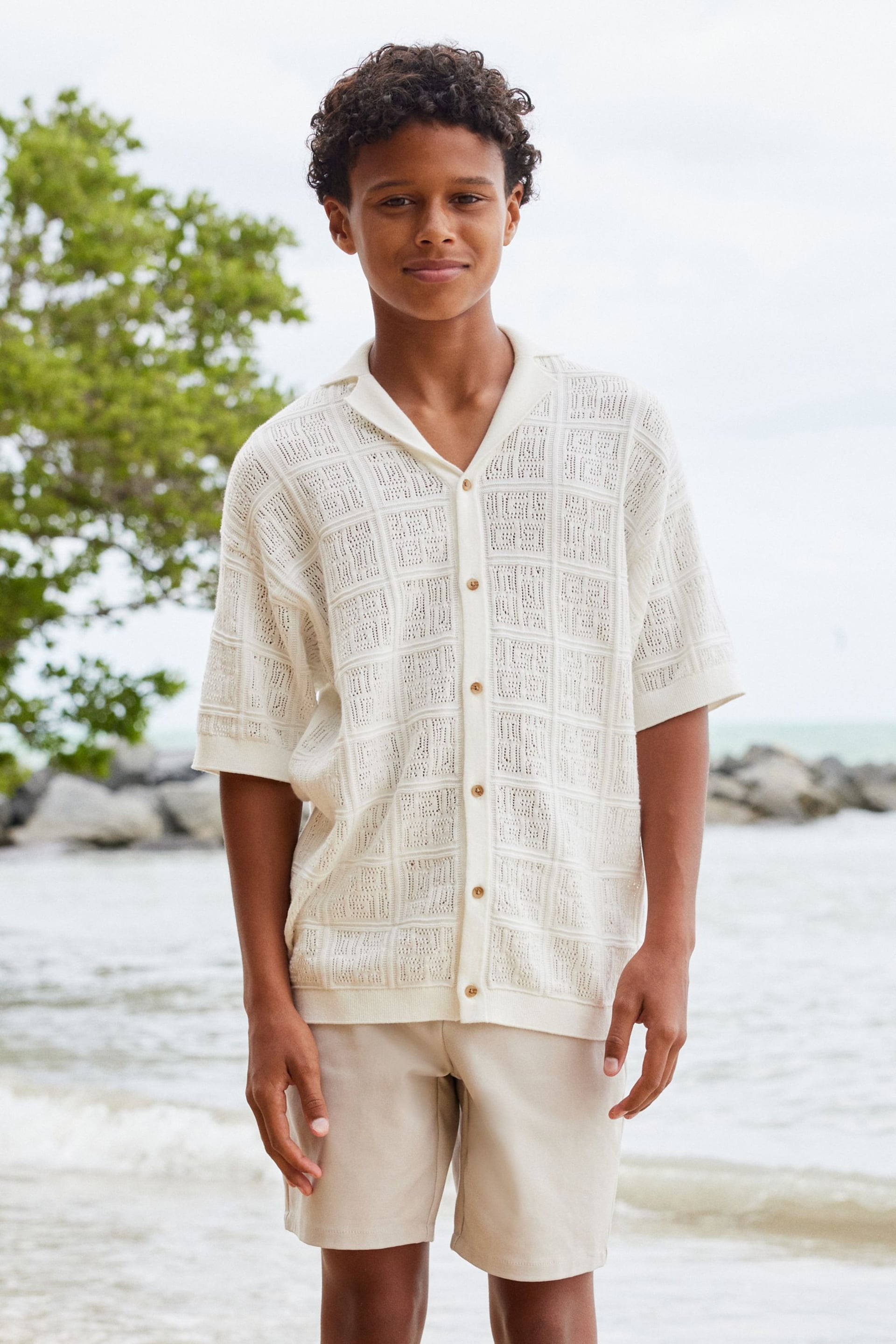 White Short Sleeve Textured Knit Shirt (3-16yrs) - Image 1 of 4
