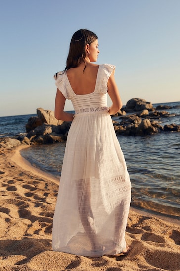 Ecru White Crochet Flute Sleeve Dress