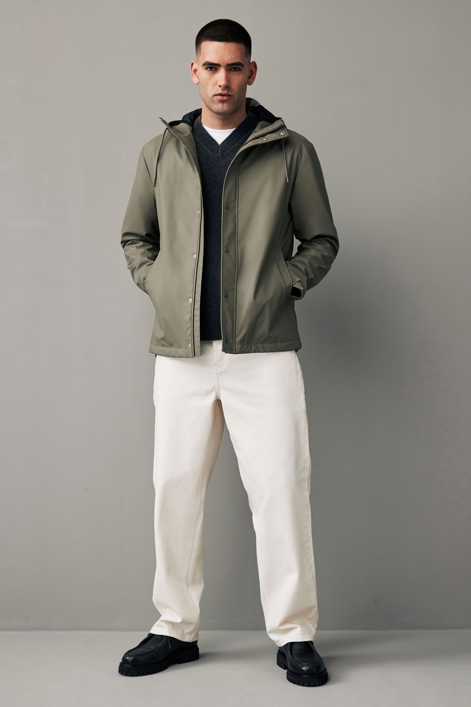 Neutral Regular Length Rubberised Waterproof Hooded Jacket