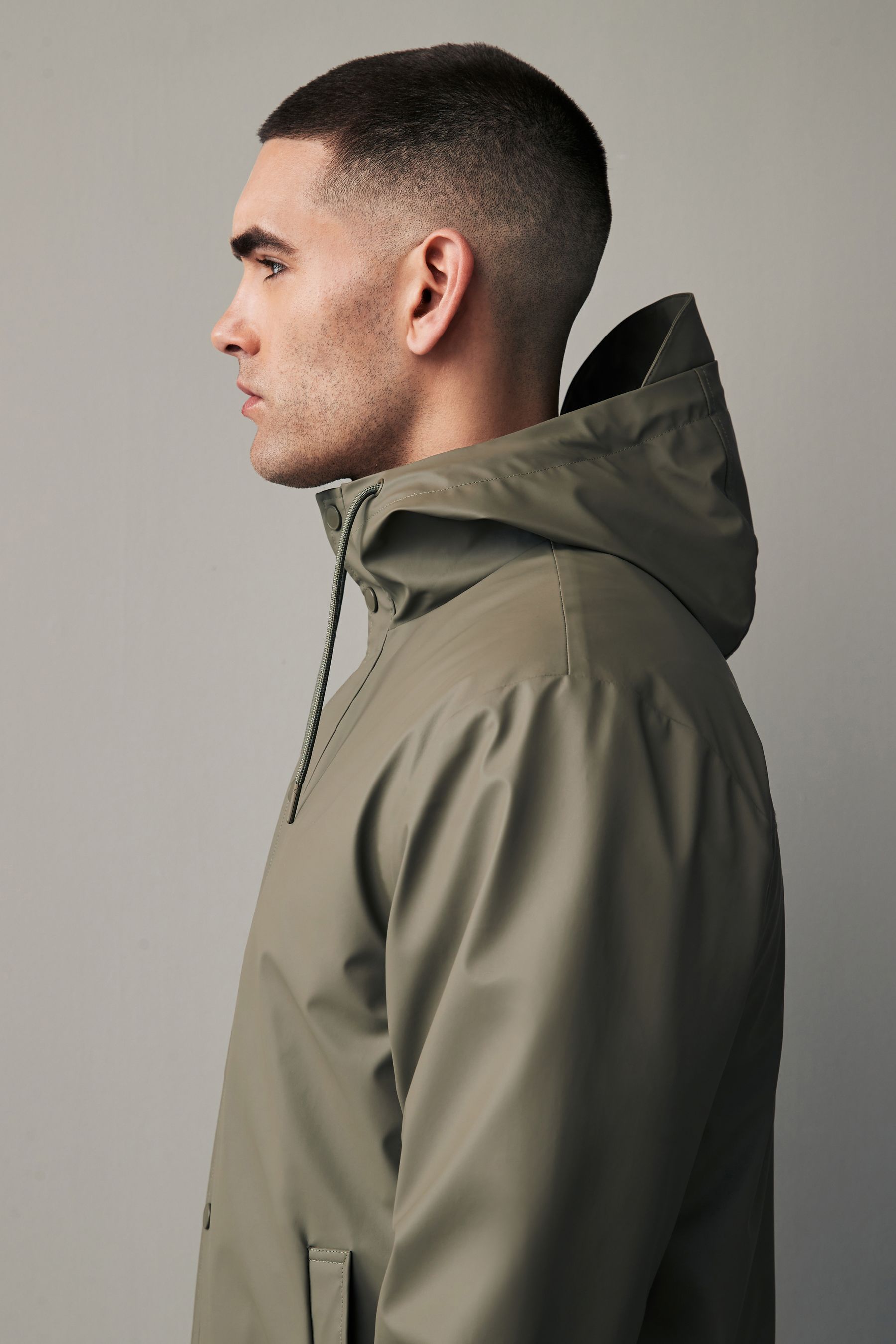 Neutral Regular Length Rubberised Waterproof Hooded Jacket