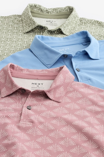 Blue/Pink/Green Print Regular Fit Short Sleeve Jersey Polo Shirts 3 Pack