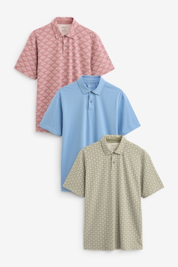 Blue/Pink/Green Print Regular Fit Short Sleeve Jersey Polo Shirts 3 Pack