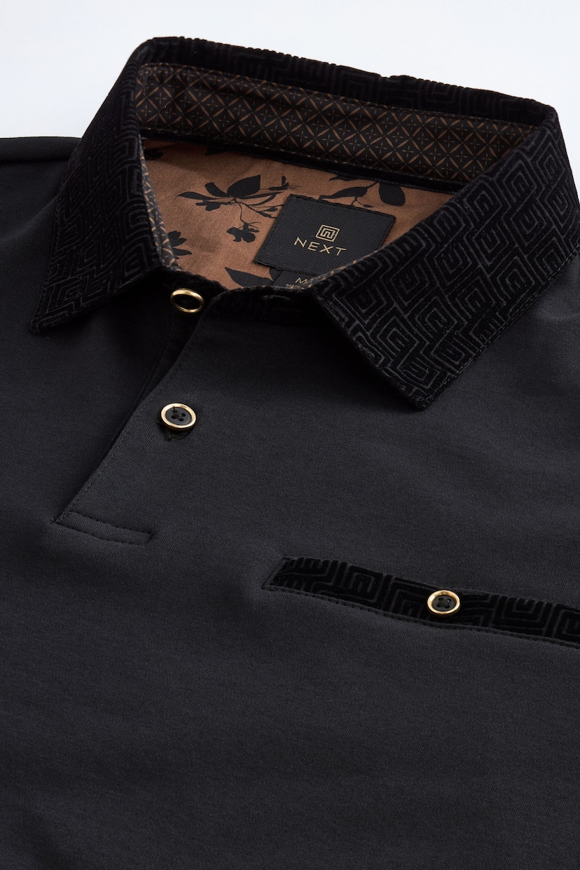 Black Flocked Short Sleeve Smart Collar Polo Shirt - Image 2 of 8