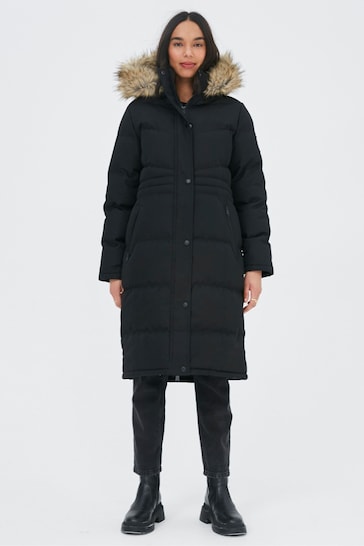 Buy Threadbare Black Longline Padded Parka Jacket With Faux Fur Trim ...