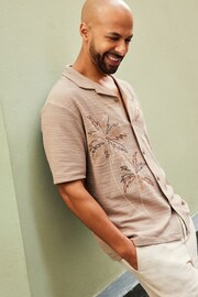 Neutral Palm Tree Embroidery Textured Jersey Short Sleeve Shirt - Image 2 of 8