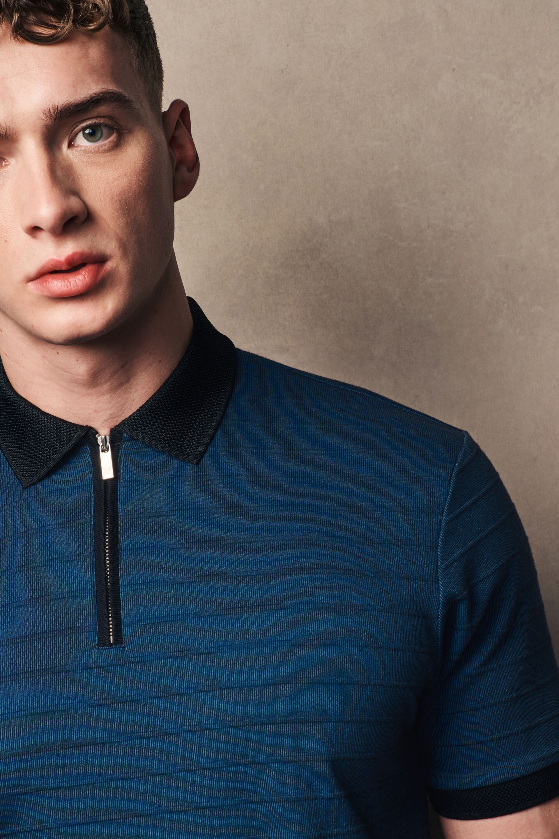 Black/Blue Zip Neck Smart Polo Shirt - Image 1 of 9
