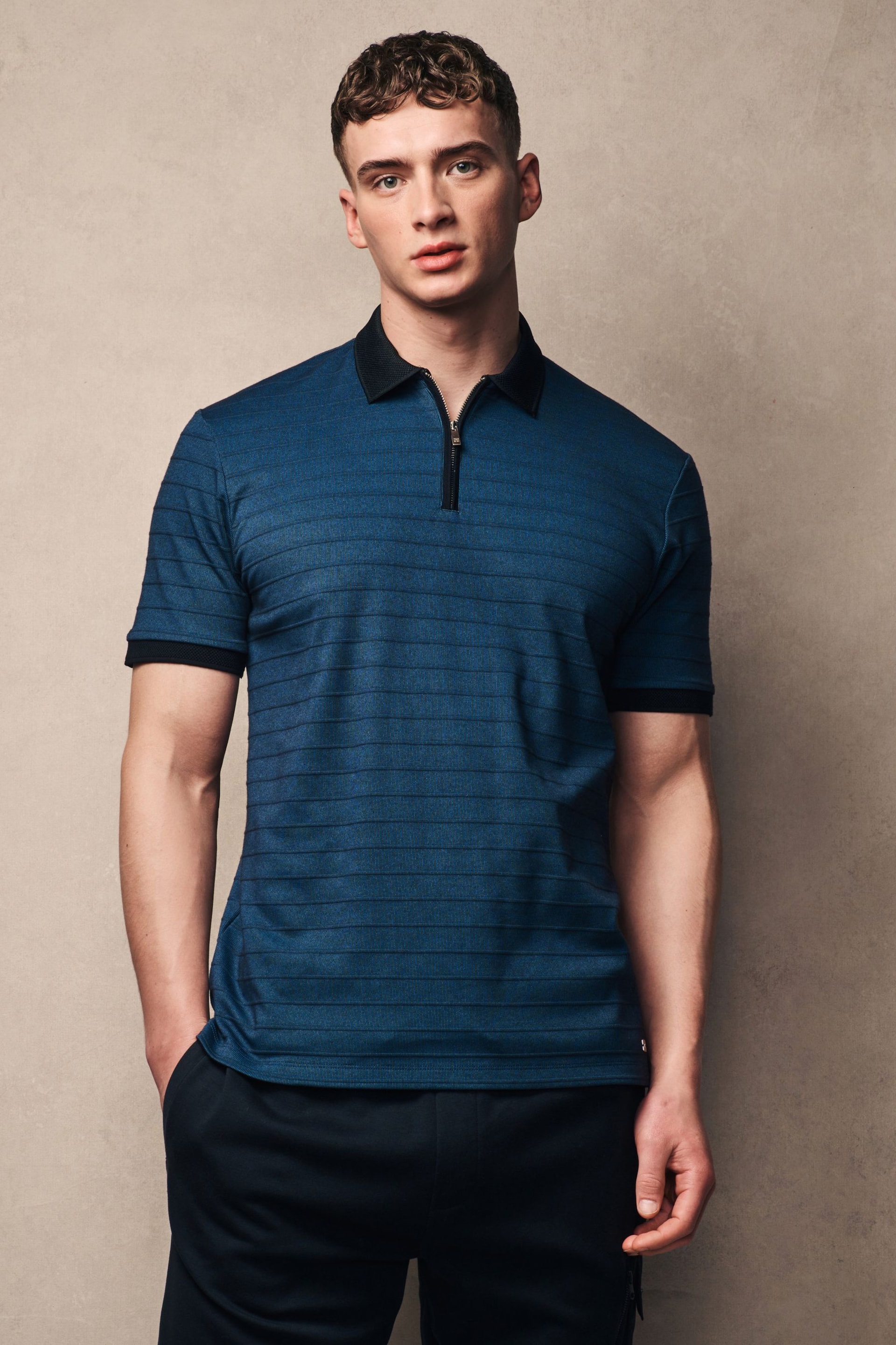 Black/Blue Zip Neck Smart Polo Shirt - Image 4 of 9