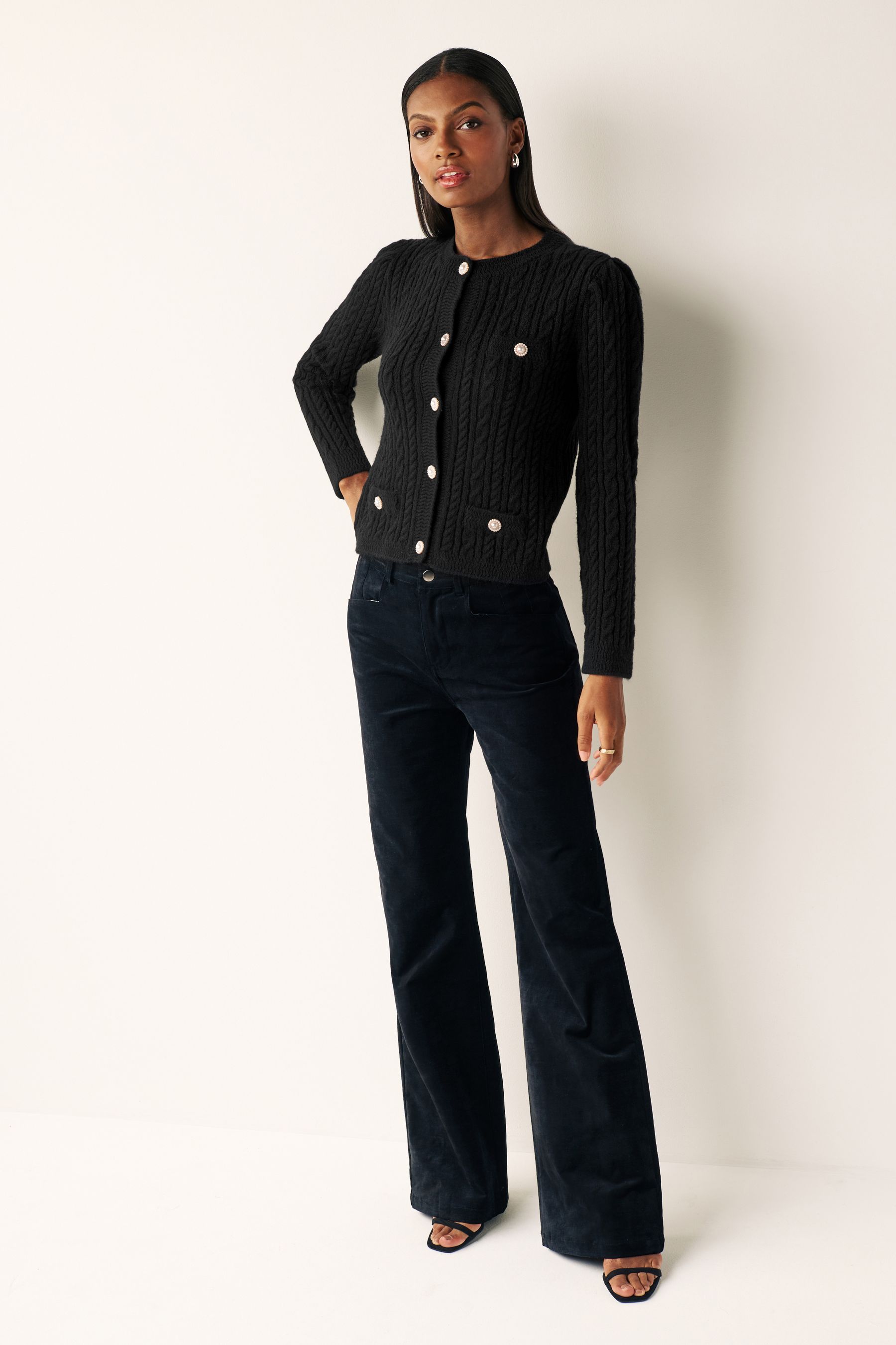 Black cardigan pearl buttons discount