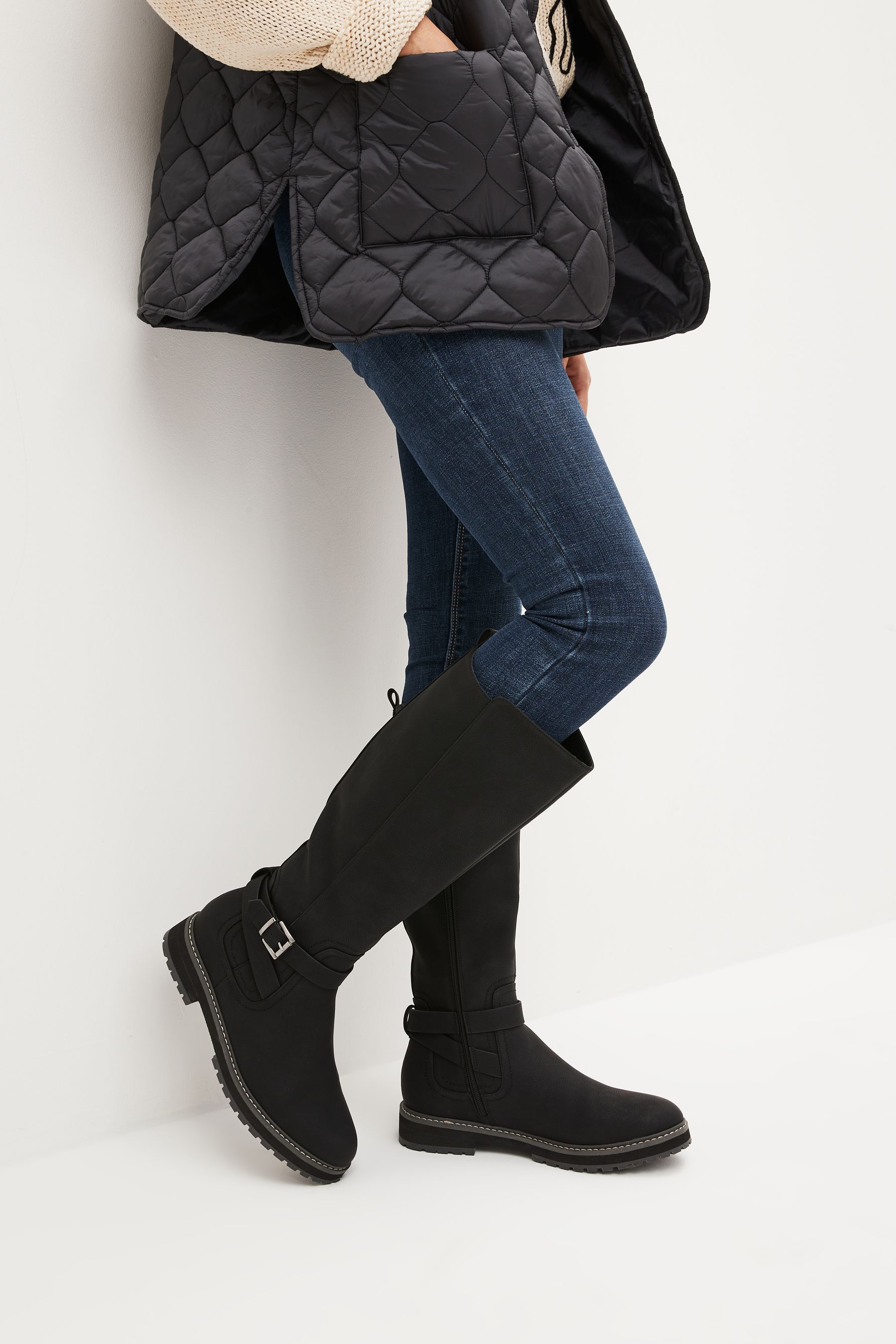 Buy Black Forever Comfort Buckle Detail Knee High Boots from the