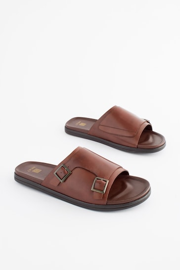 Brown Leather Buckle Mules