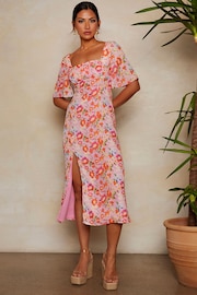 Chi Chi London Pink Multi Short Sleeve Square Neck Floral Midi Dress - Image 1 of 4