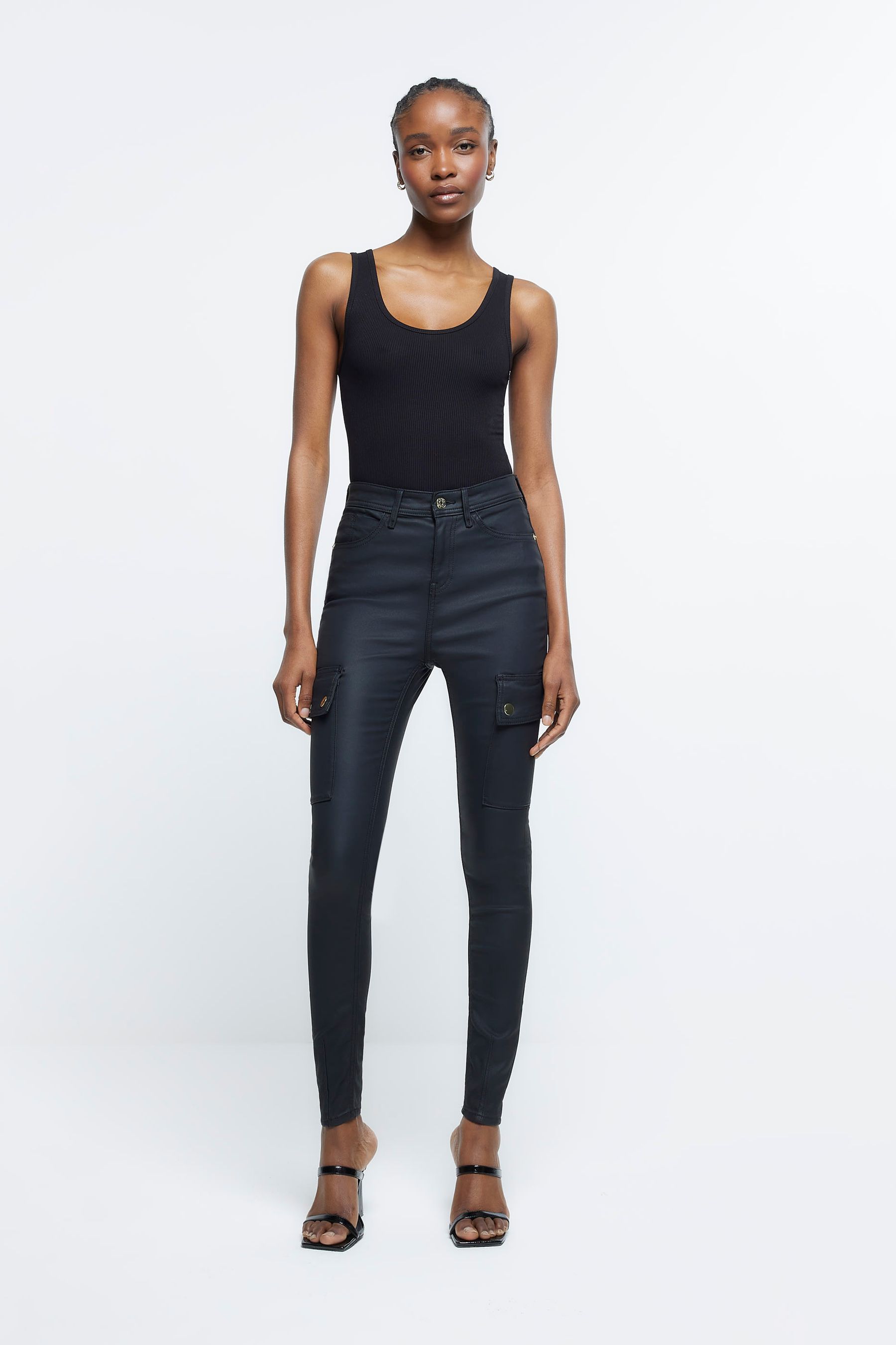 Buy River Island Black High Rise Coated Skinny Cargo Jeans from Next Luxembourg