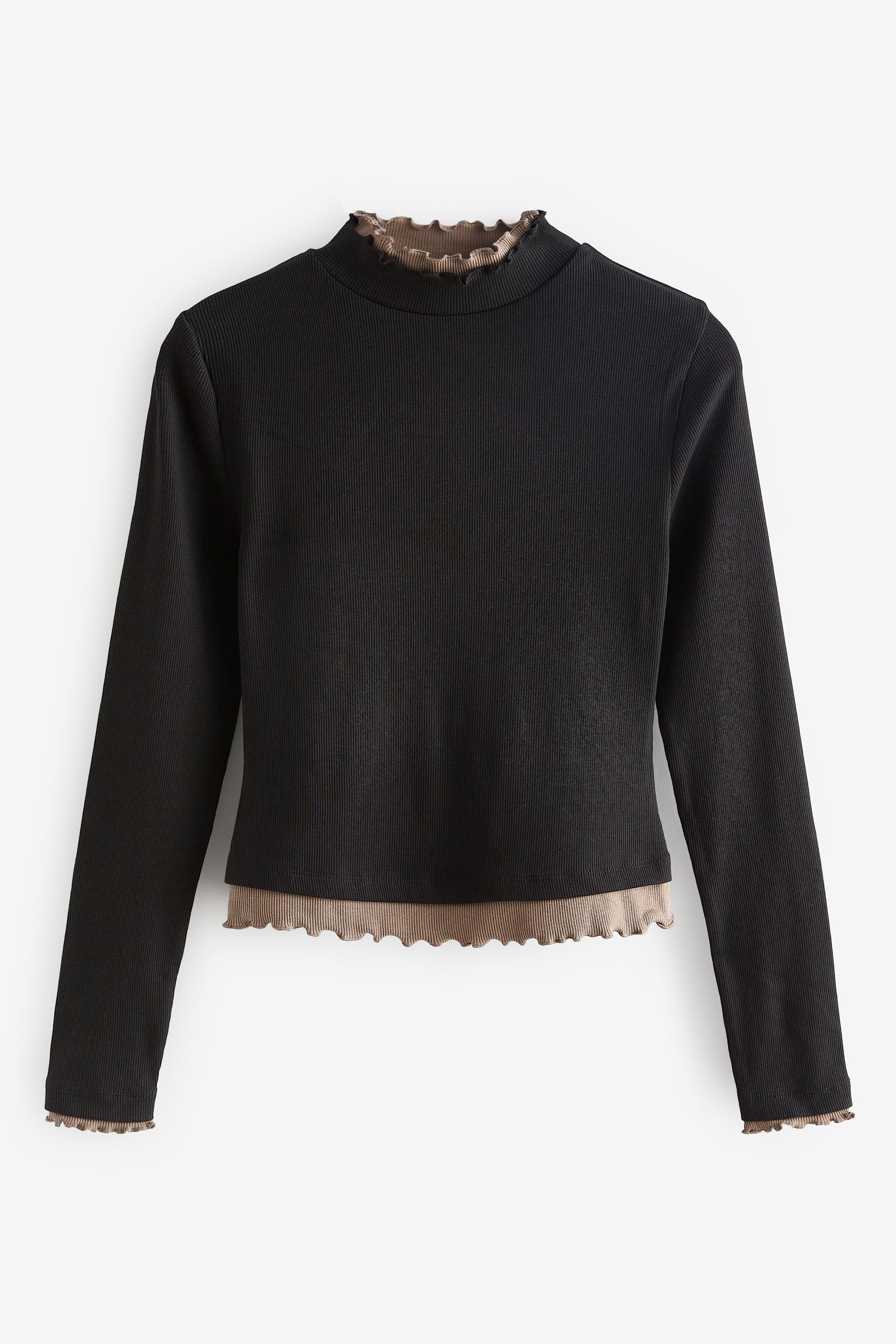 Black Long Sleeve Lettuce Edge Top