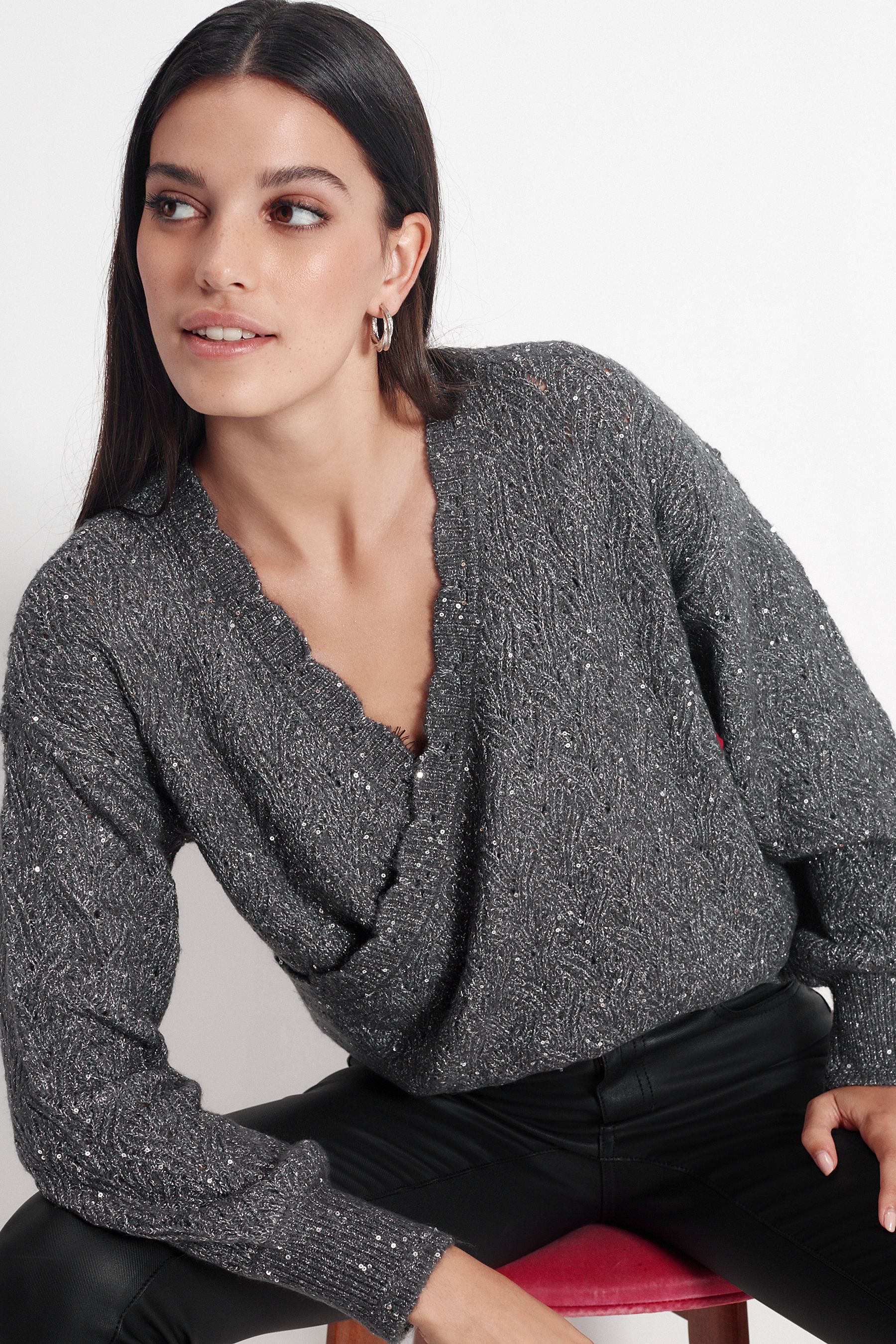 Charcoal Grey Wrap Back Sequin Jumper