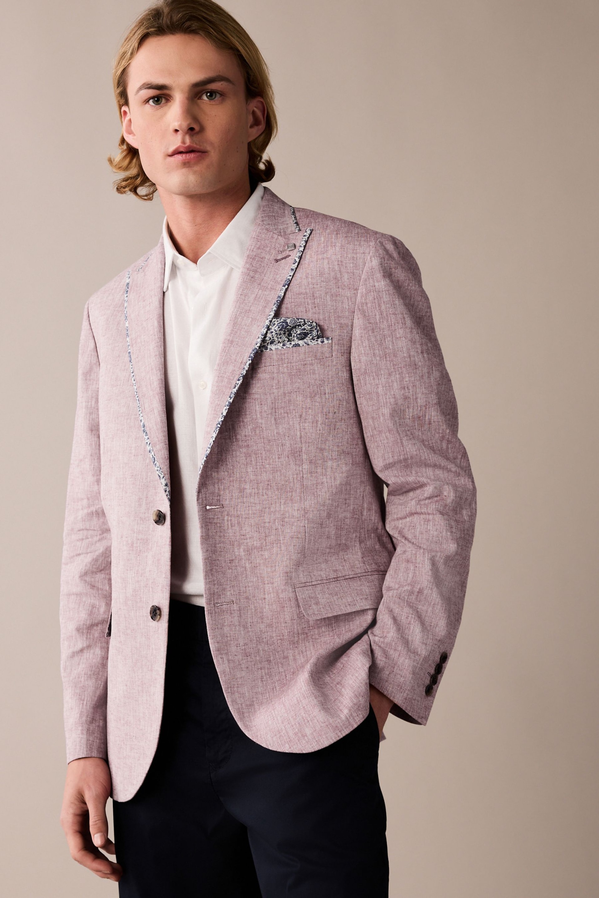 Pink Slim Fit Trimmed Linen Blazer - Image 1 of 11
