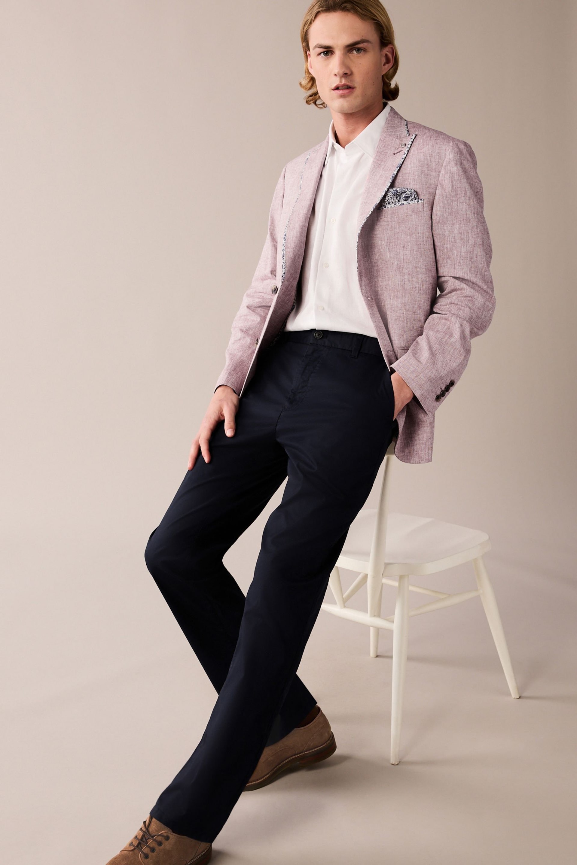 Pink Slim Fit Trimmed Linen Blazer - Image 2 of 11