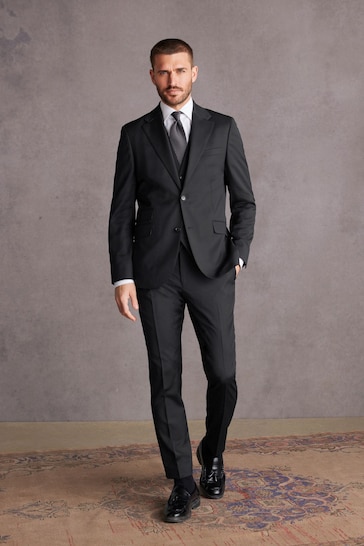 Black Slim Fit Signature Wool Suit: Trousers
