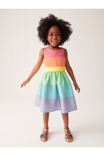 Little Bird by Jools Oliver Multi Colourful Pastel Striped Occasion Dress with Bow