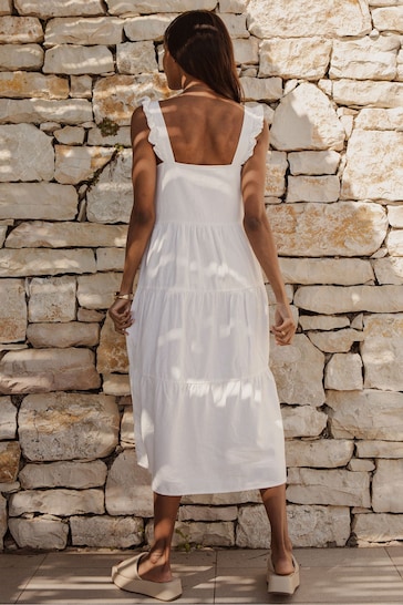 Threadbare White Linen Blend Tiered Midi Dress