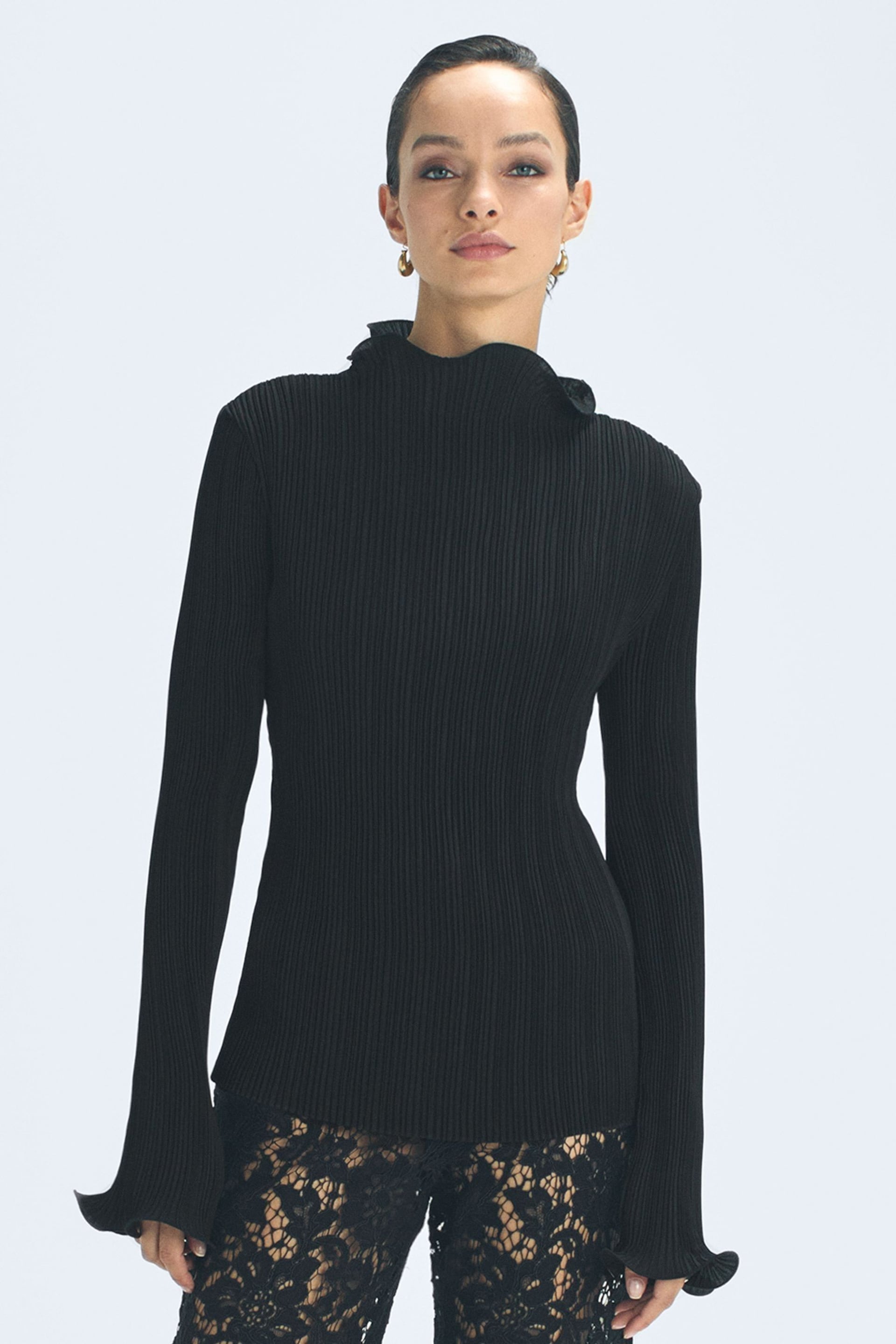 Atelier Fitted Ribbed Ruffle Neck Top - Image 3 of 5