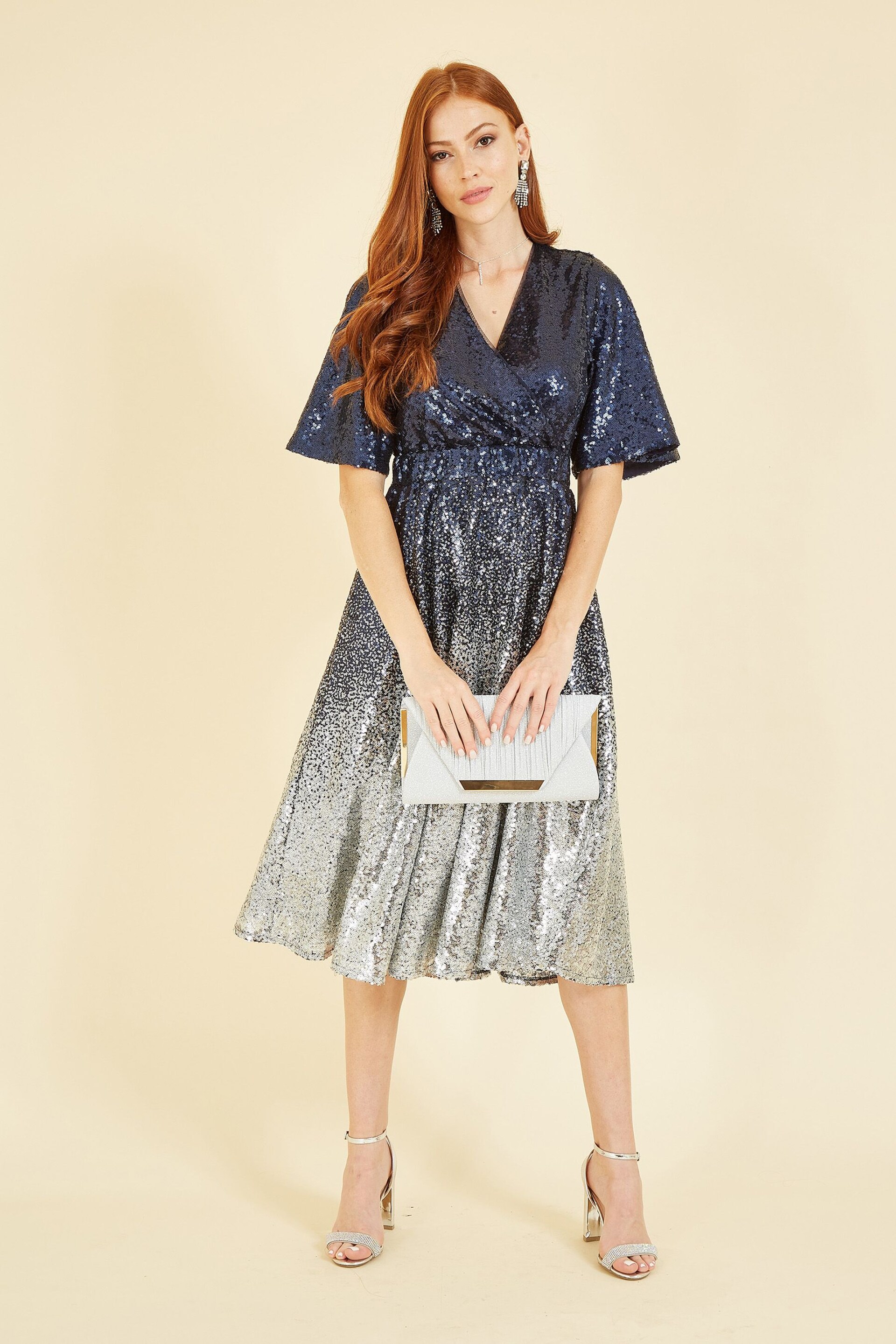 Yumi Blue Ombre Sequin Midi Wrap Dress - Image 1 of 5