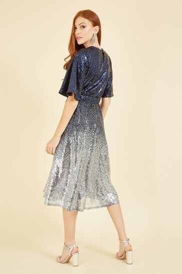 Yumi Blue Ombre Sequin Midi Wrap Dress