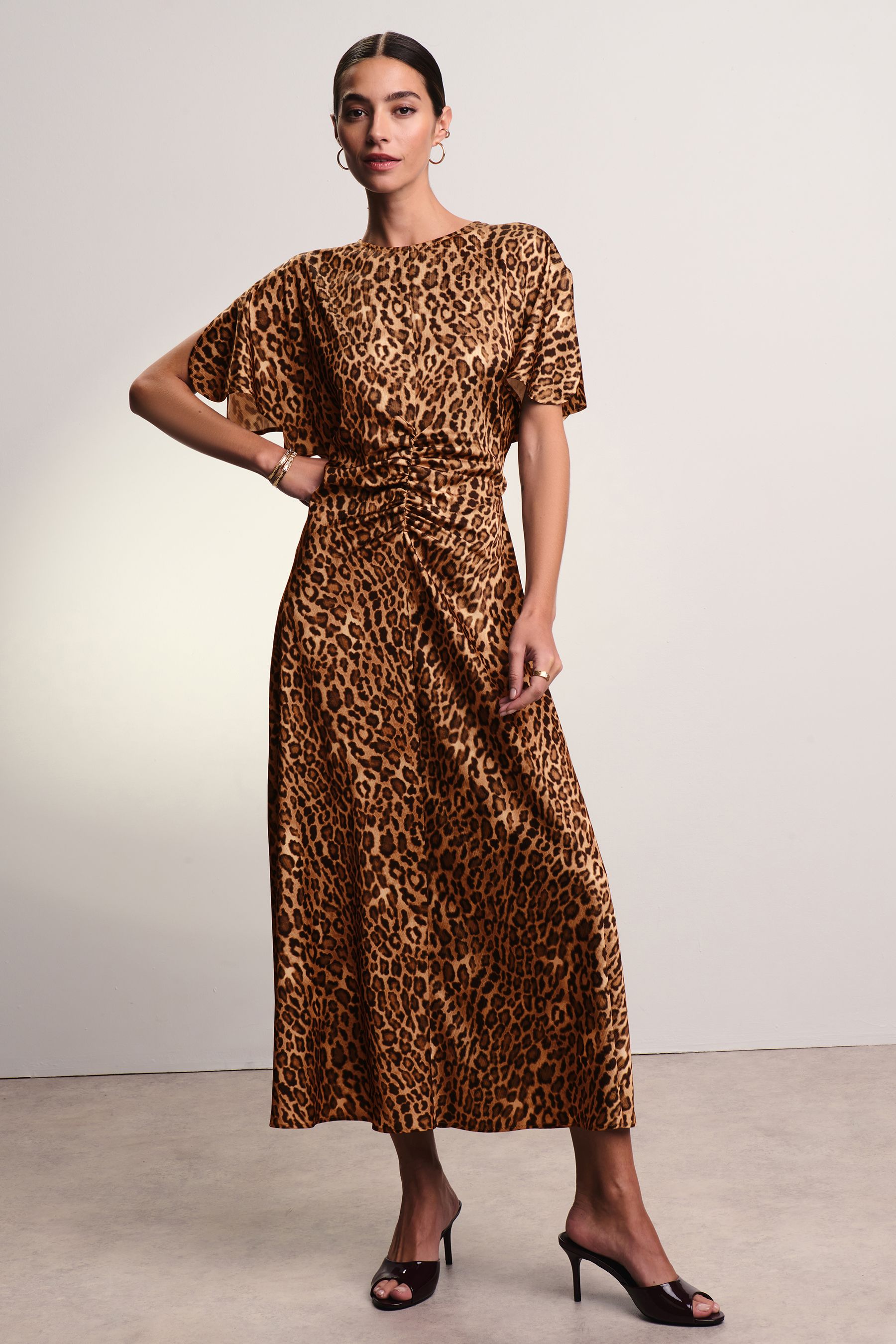 Buy Brown Leopard Animal Print Ruched Satin Crinkle Midi Dress from the Next UK online shop