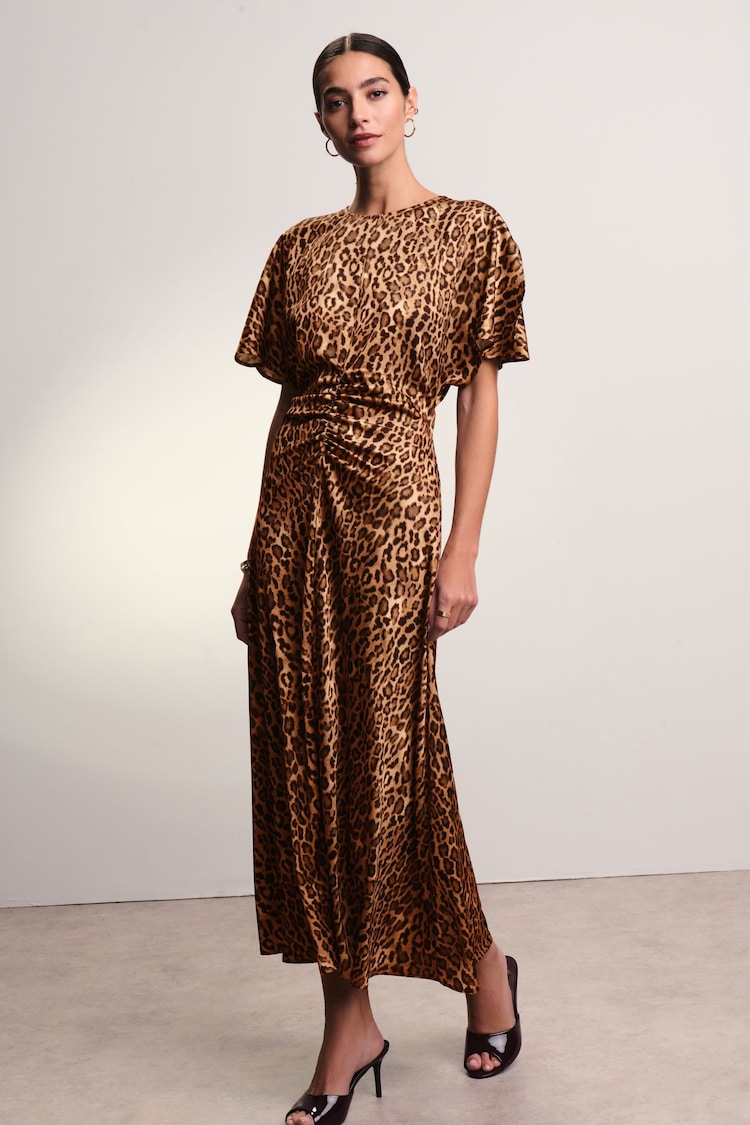 Brown Leopard Animal Print Ruched Satin Crinkle Midi Dress - Image 2 of 6