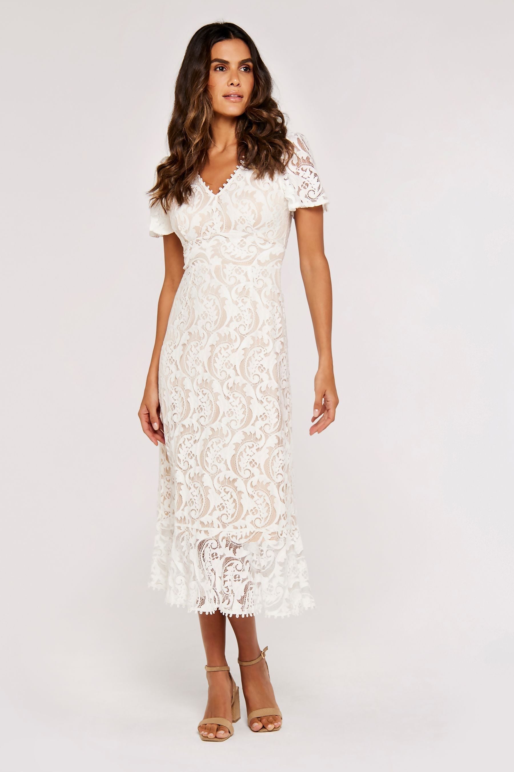 Apricot White Corded Lace V Neck Ruffle Dress