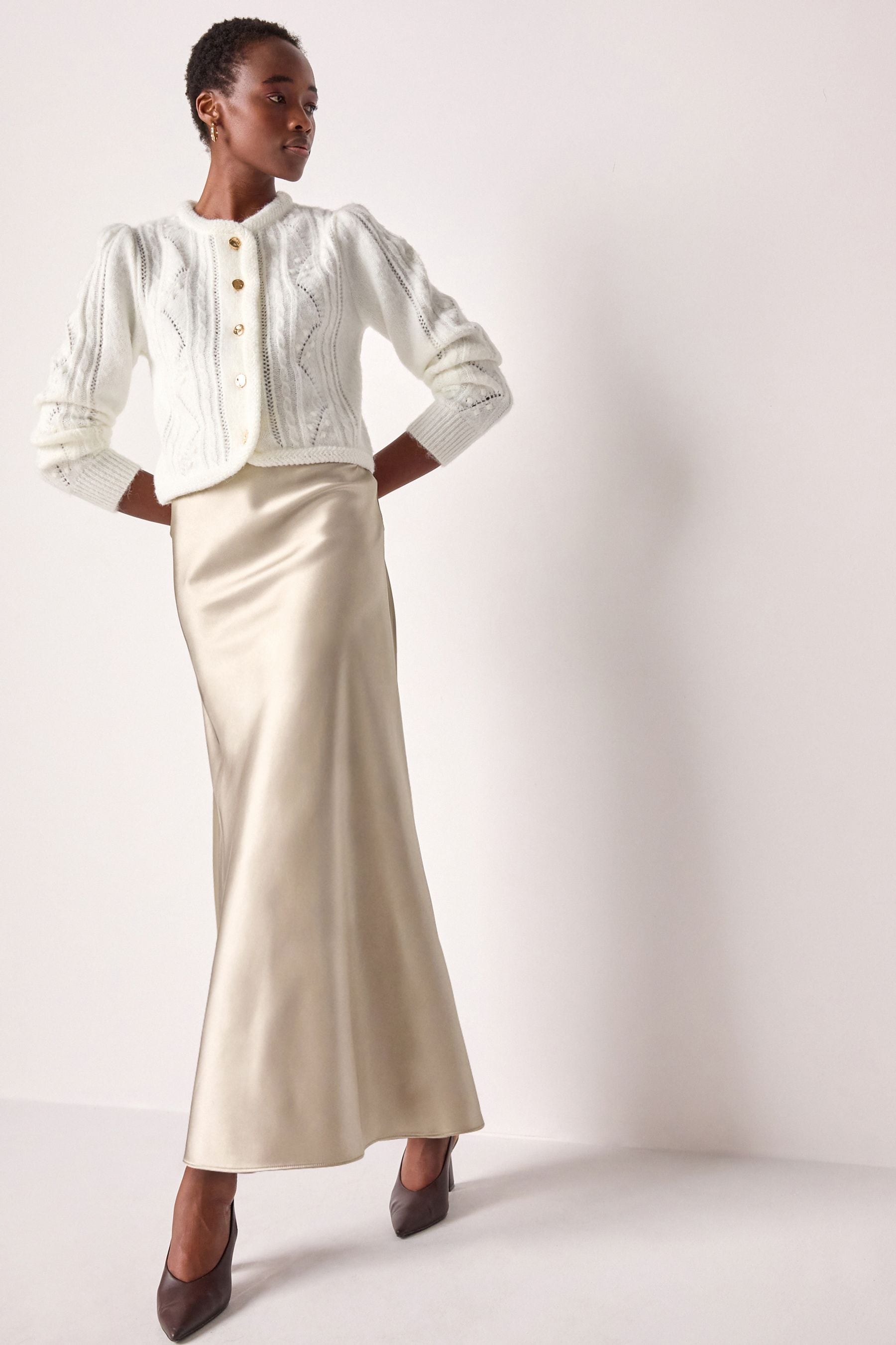 Champagne Gold Satin Midi Skirt