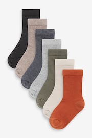 Khaki Green/Grey Cotton Rich Fine Rib Socks 7 Pack - Image 1 of 8