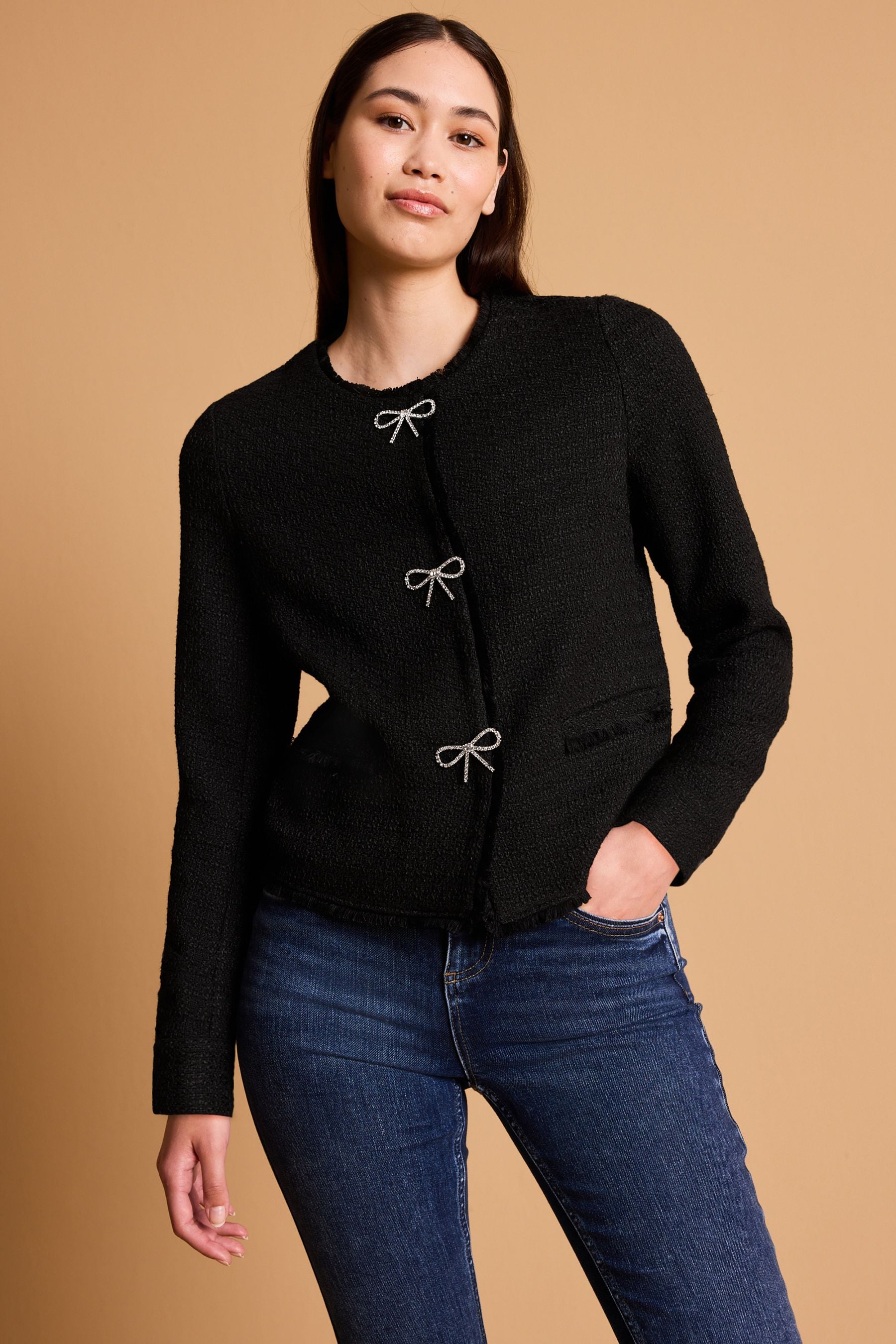 Black Boucle Collarless Bow Button Jacket