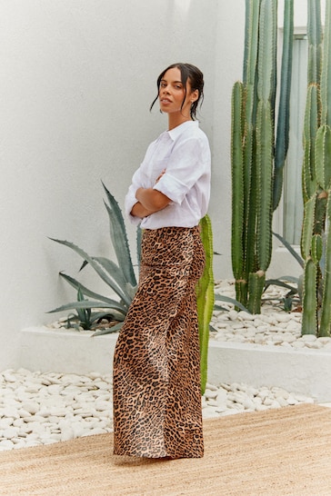 Black/Brown Leopard Animal Print Satin Skirt