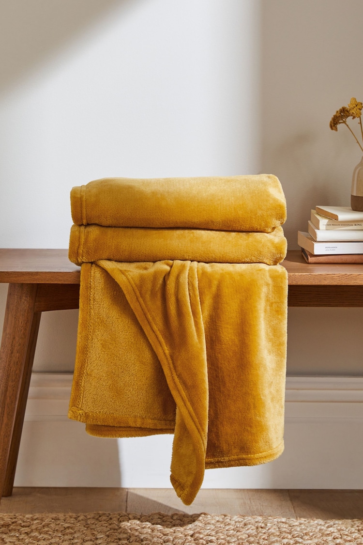 Ochre Yellow Plush Fleece Throw - Image 2 of 4