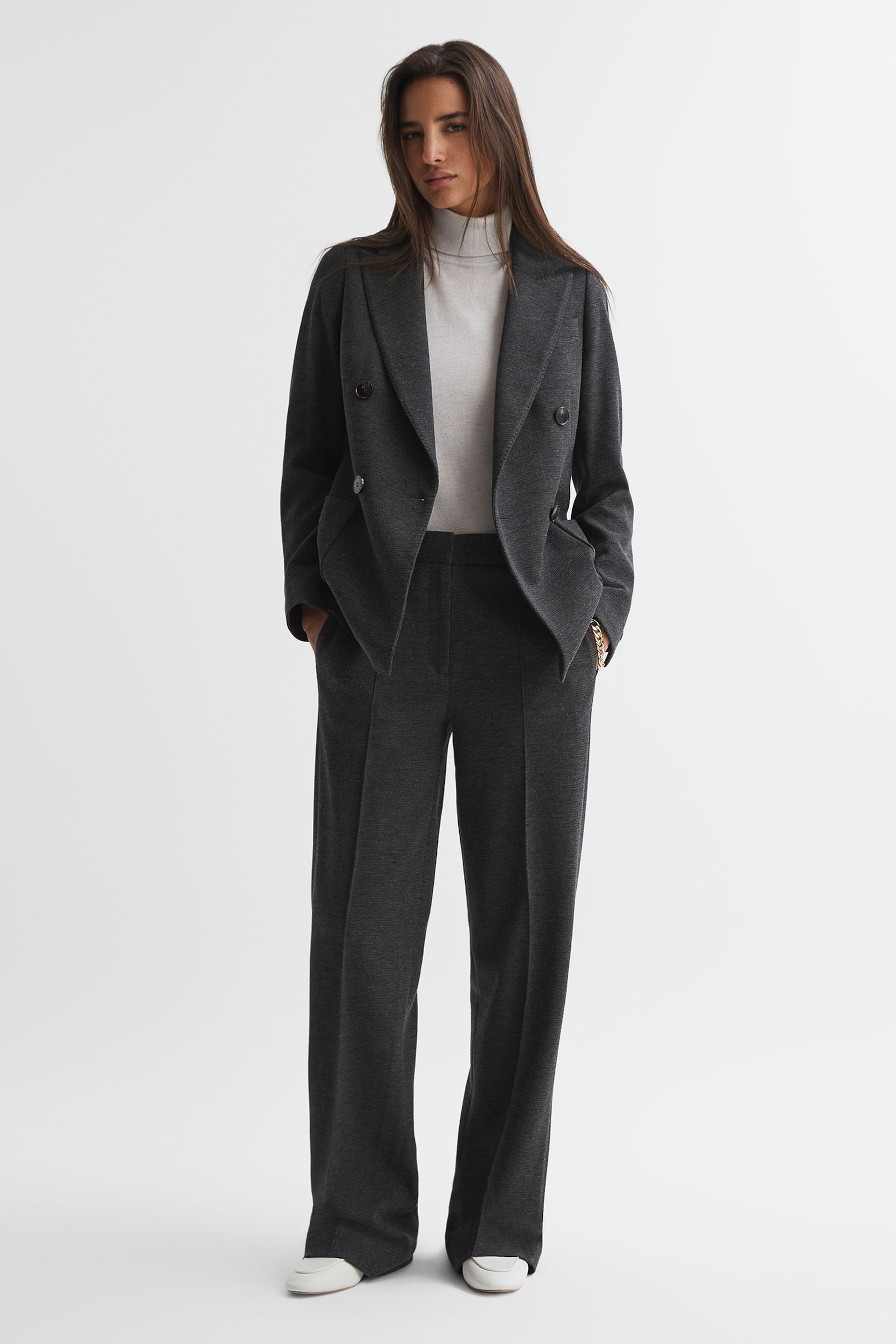 Reiss Grey Melange Iria Double Breasted Wool Blend Suit Blazer - Image 1 of 5
