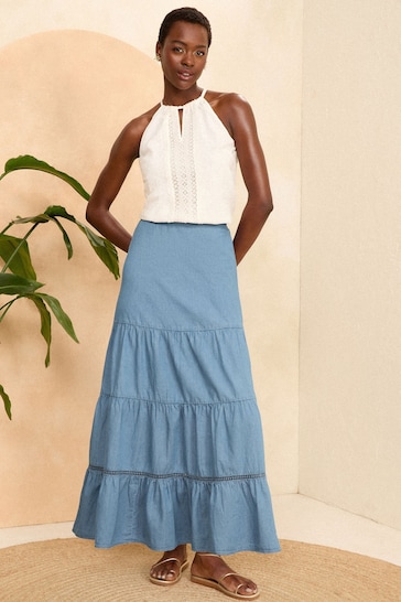 Love & Roses Blue Chambray Tiered Trim Detail Maxi Skirt