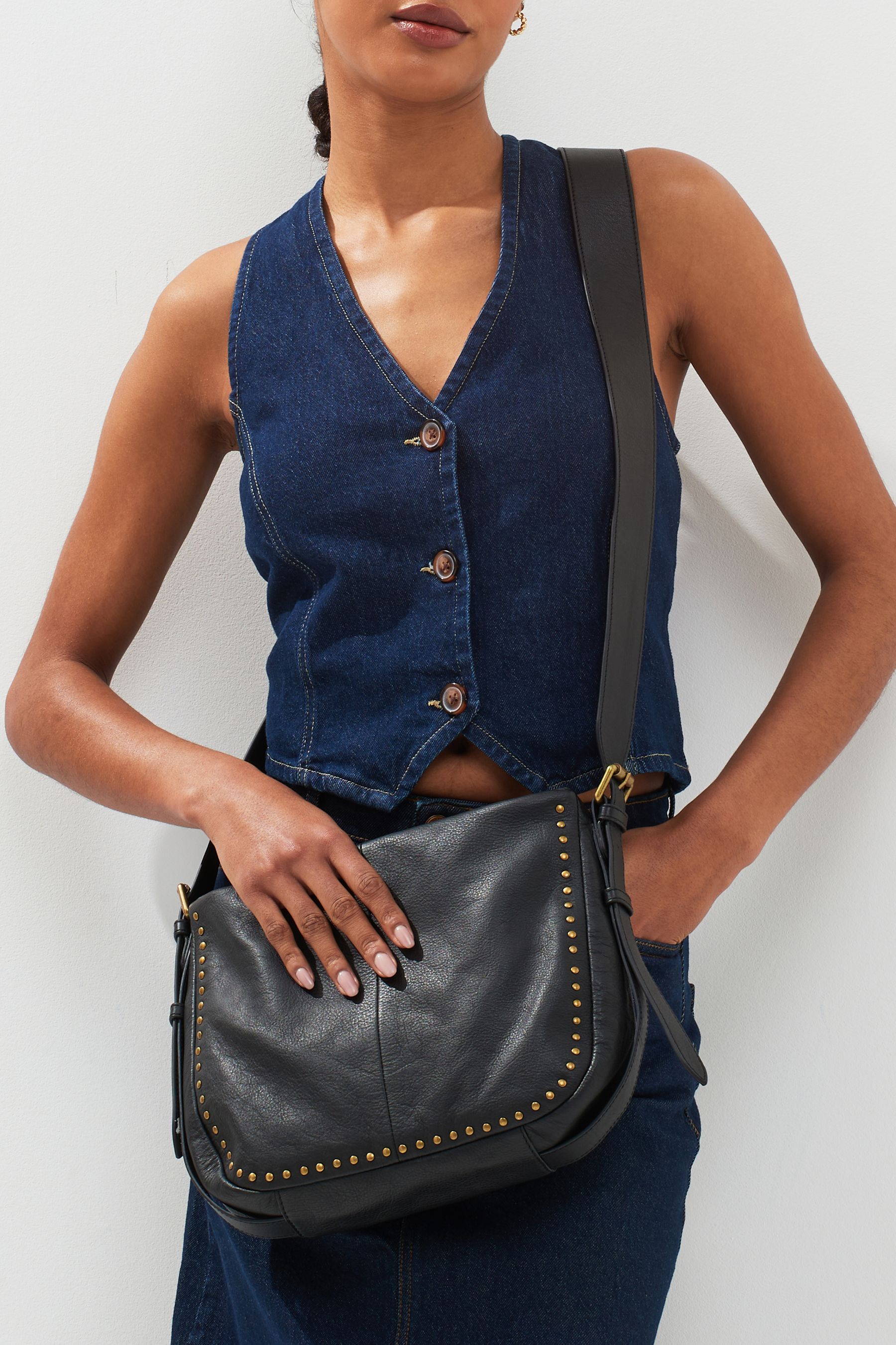 Black Studded Leather Messenger Bag