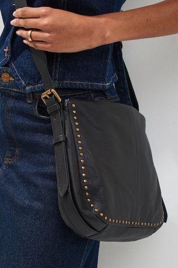 Black Studded Leather Messenger Bag