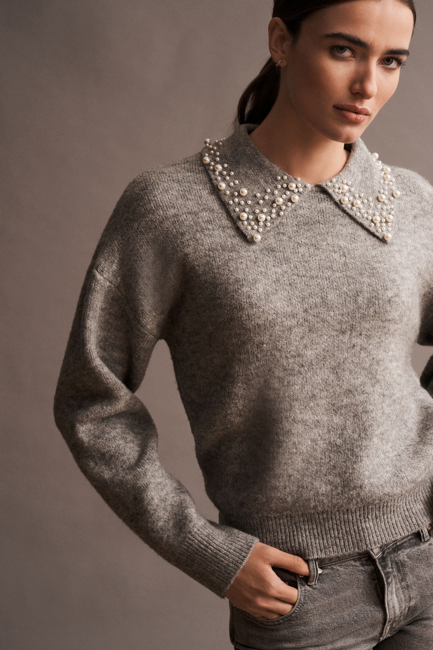 Buy Grey Pearl Embellished Collar Jumper from Next Luxembourg