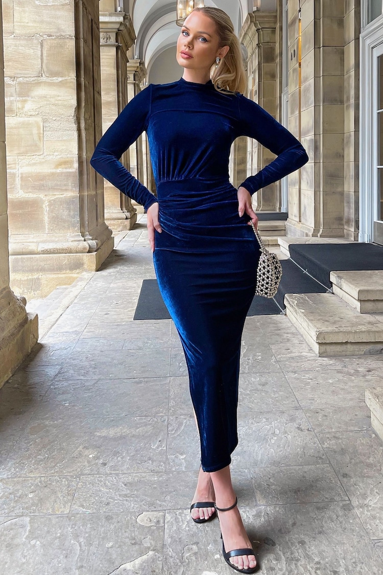 AX Paris Blue Velvet Long Sleeve Split Skirt Midi Dress - Image 1 of 4