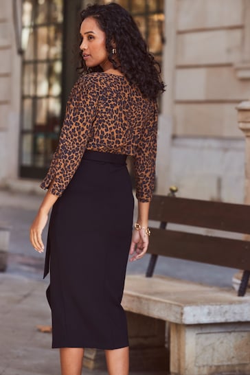 Sosandar Black/Brown Leopard Print Two Part Midi Dress With Split Detail