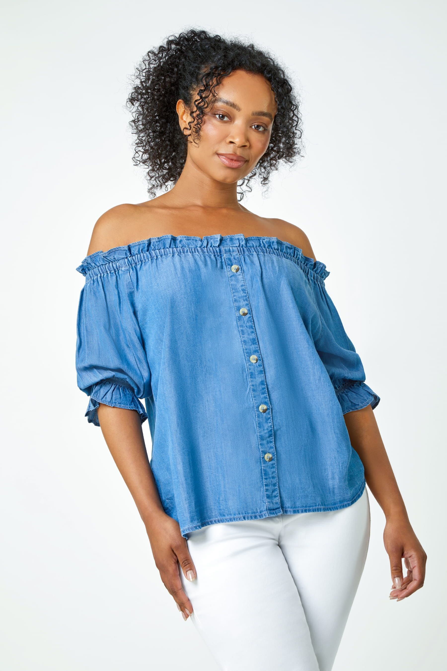 Buy Roman Blue Petite Stretch Denim Bardot Top from the Next UK