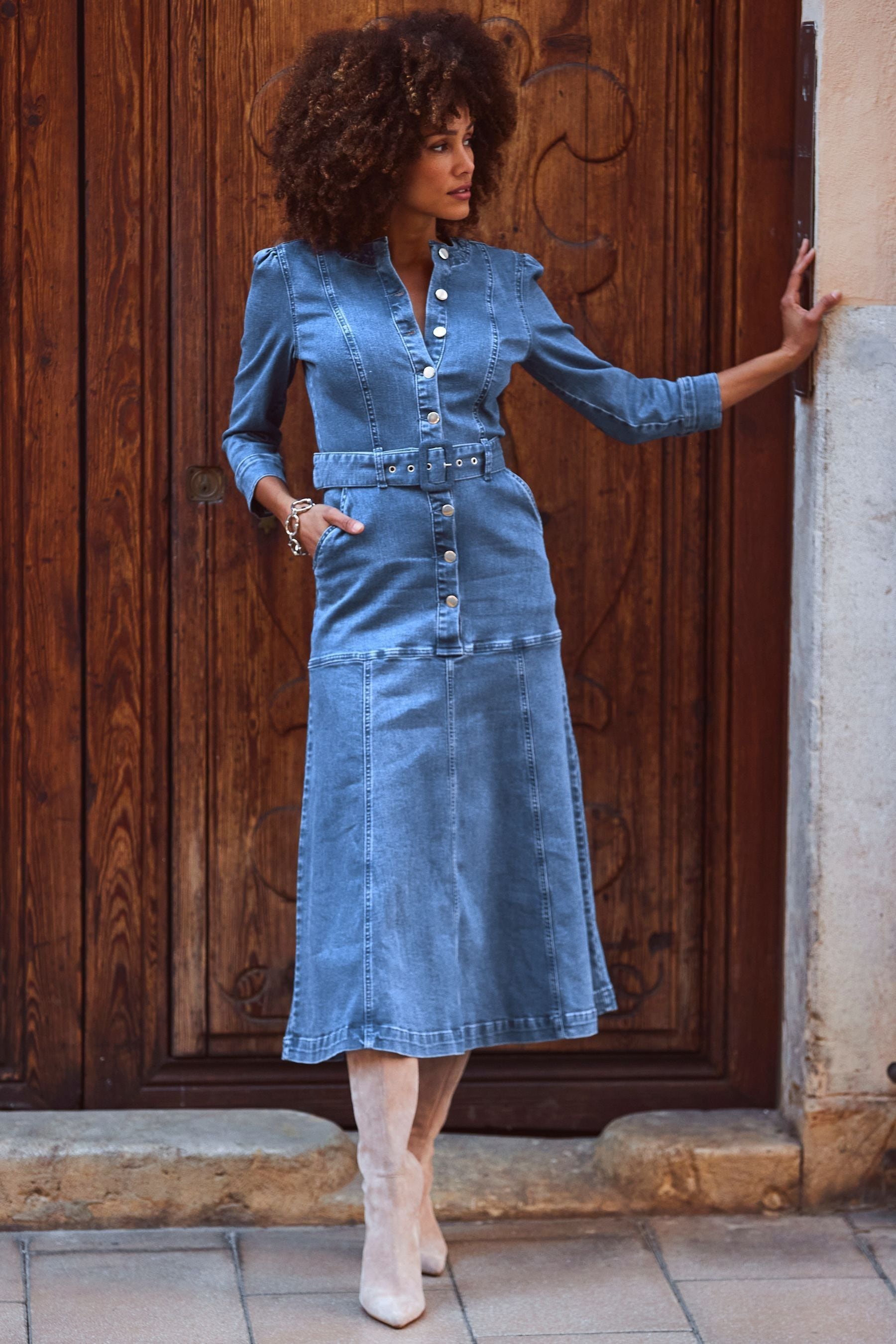Sosandar Blue Panelled Skirt Button Front Denim Dress