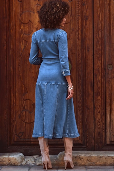 Sosandar Blue Panelled Skirt Button Front Denim Dress