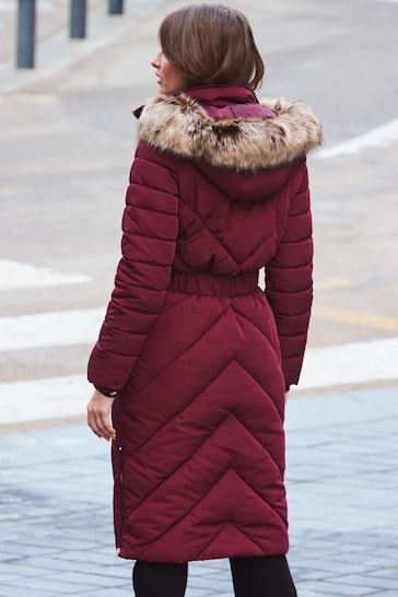 Sosandar Red Longline Padded Coat With Faux Fur Hoodie