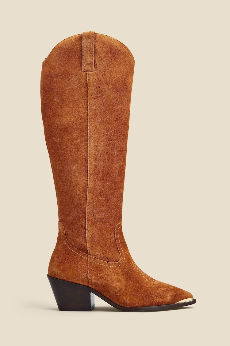 Sosandar Brown Suede Tab Detail Knee High Western Boots With Metal Trim - Image 1 of 5